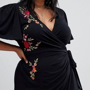Floral Embroidery Black Wrap Dress